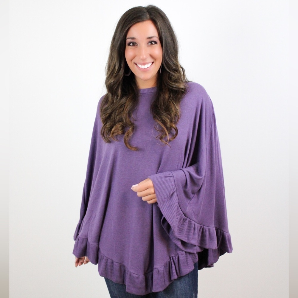 Ruffled Hem Poncho Sweater - Lilac